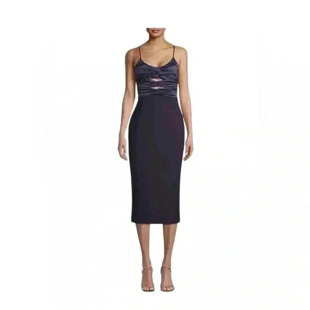 Likely Navy Blue Steph Ruched Satin & Crepe Midi-Dress